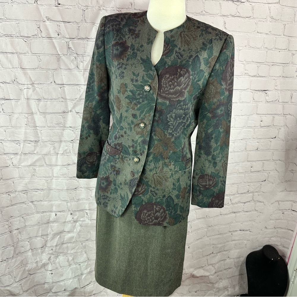 vtg Le Suit Floral Blazer grey pencil skirt suit set petite womens 8P
